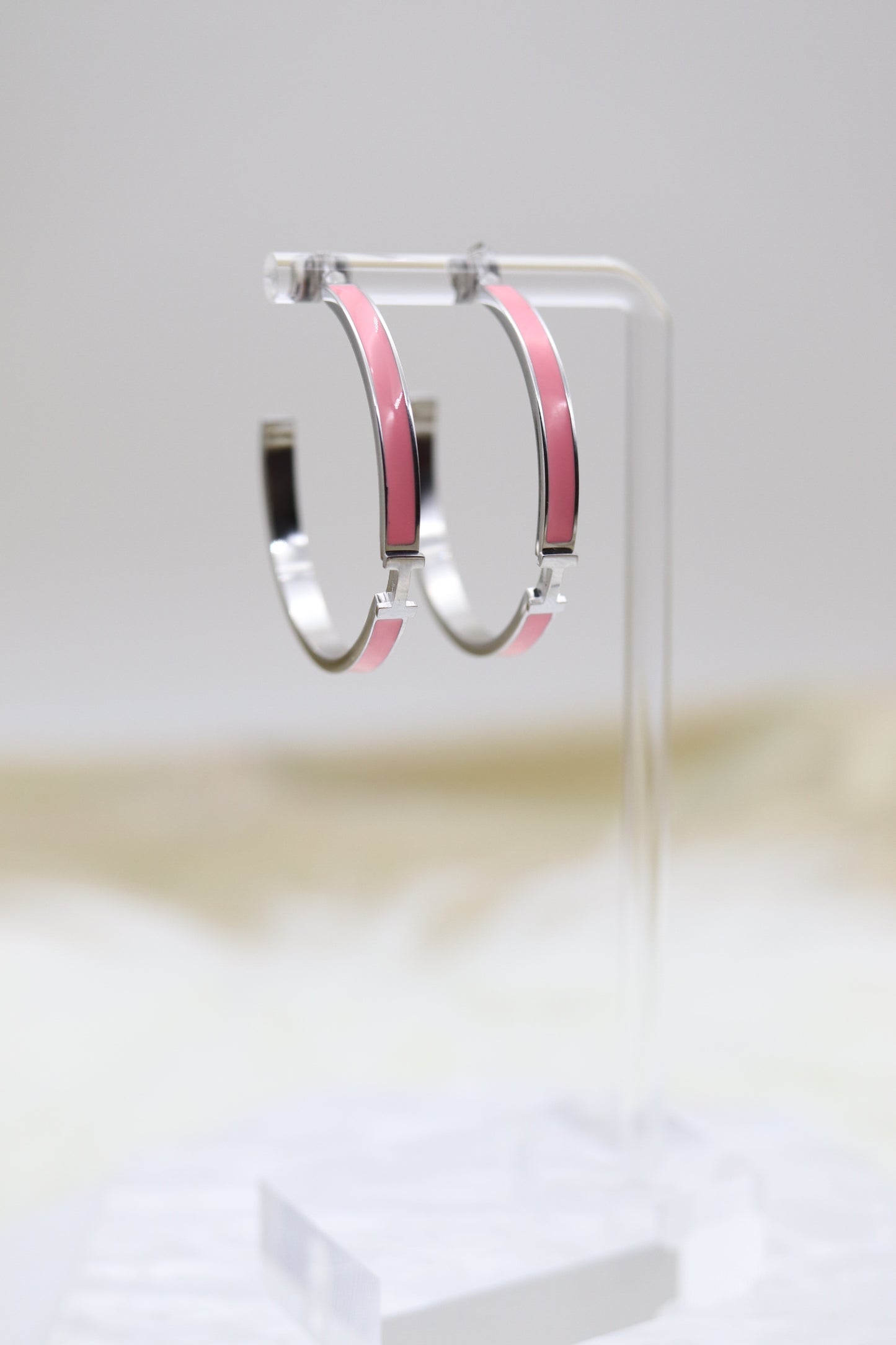 Pink Luxury H Hoop Silver Earrings