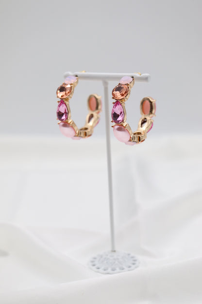 Pink Glass Stone Hoop Earring