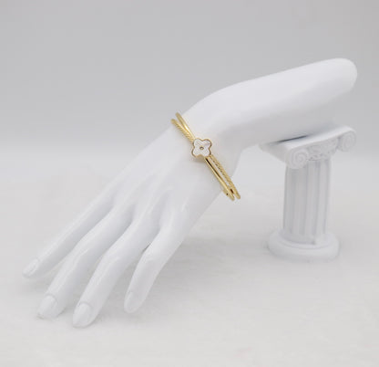 Gold Cable Cuff Bracelet with Mother-of-Pearl Clover