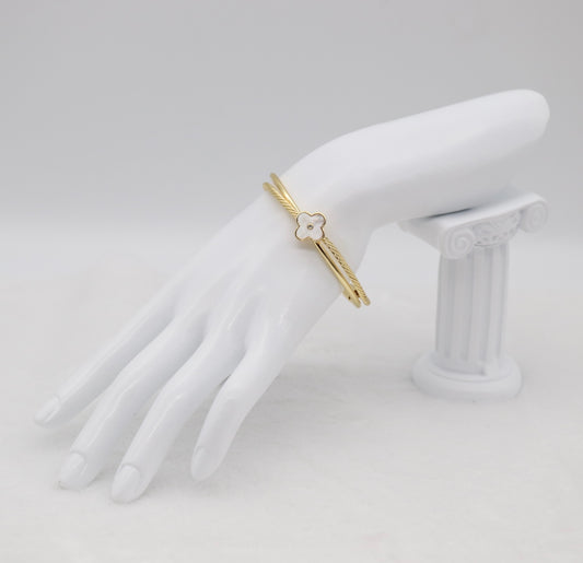 Gold Cable Cuff Bracelet with Mother-of-Pearl Clover