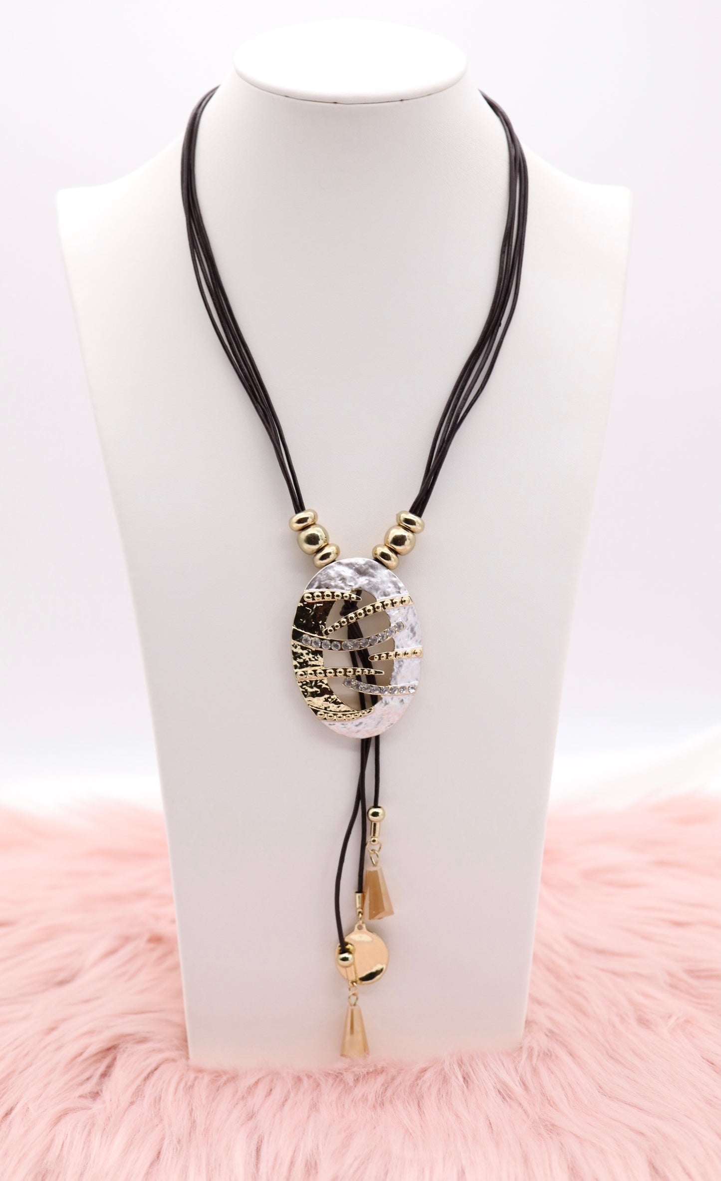 Metallic Gold and Silver Pendant With Dangling Stones and Multi Black Rope Necklace