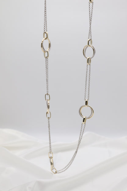 Gold & Silver Cable Floating Dig Circle Double Belcher Necklace