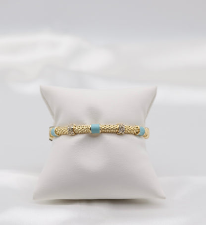 Turquoise Enamel & Crystal Gold Beaded Bangle Bracelet