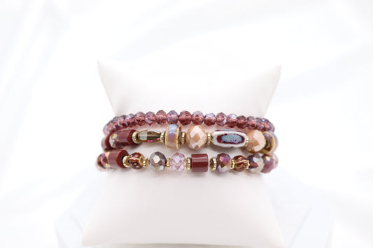 Gold Purple Plum Glass Ceramic Bead Bracelet Set