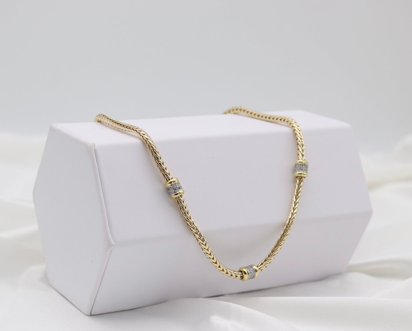 Gold Tone Woven Collar Necklace with Crystal Accent Rings