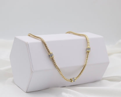 Gold Tone Woven Collar Necklace with Crystal Accent Rings