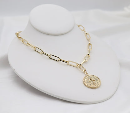 Gold Paperclip Chain Cross Medallion Necklace