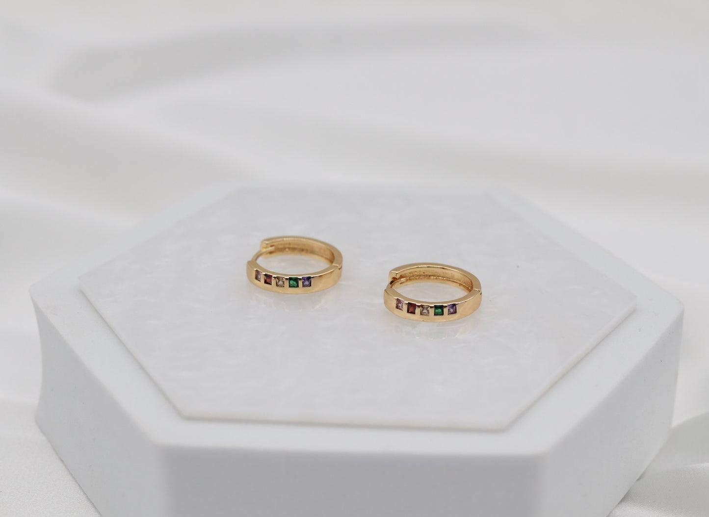 Rainbow Gemstone Huggie Hoop Earrings – Gold Multi-Color Crystal Hoops