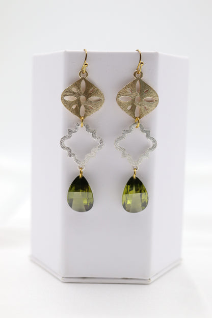 Filigree Dangling Emerald Green Stone Earrings Made With Faceted Fancy Cut Cubics