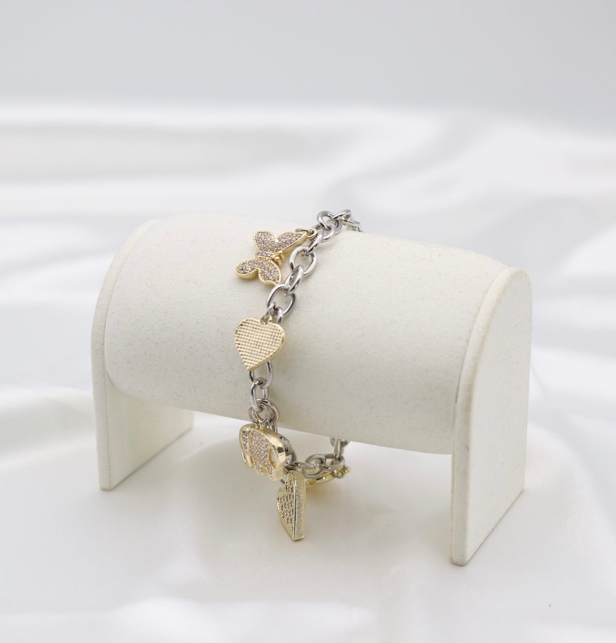 Two-Tone Crystal Charm Bracelet with Heart, Elephant & Pearl