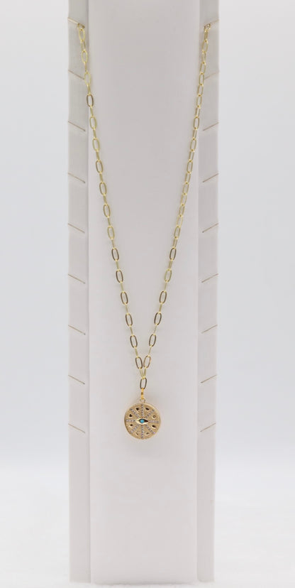 Gold Compass Pendant Necklace – Dainty Crystal Medallion with Evil Eye Detail
