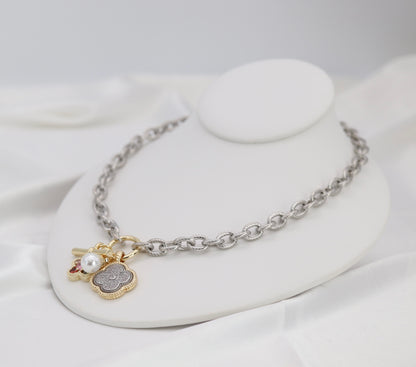 Silver Rope Chain Charm Necklace with Gold Accents & Multi-Charm Cluster