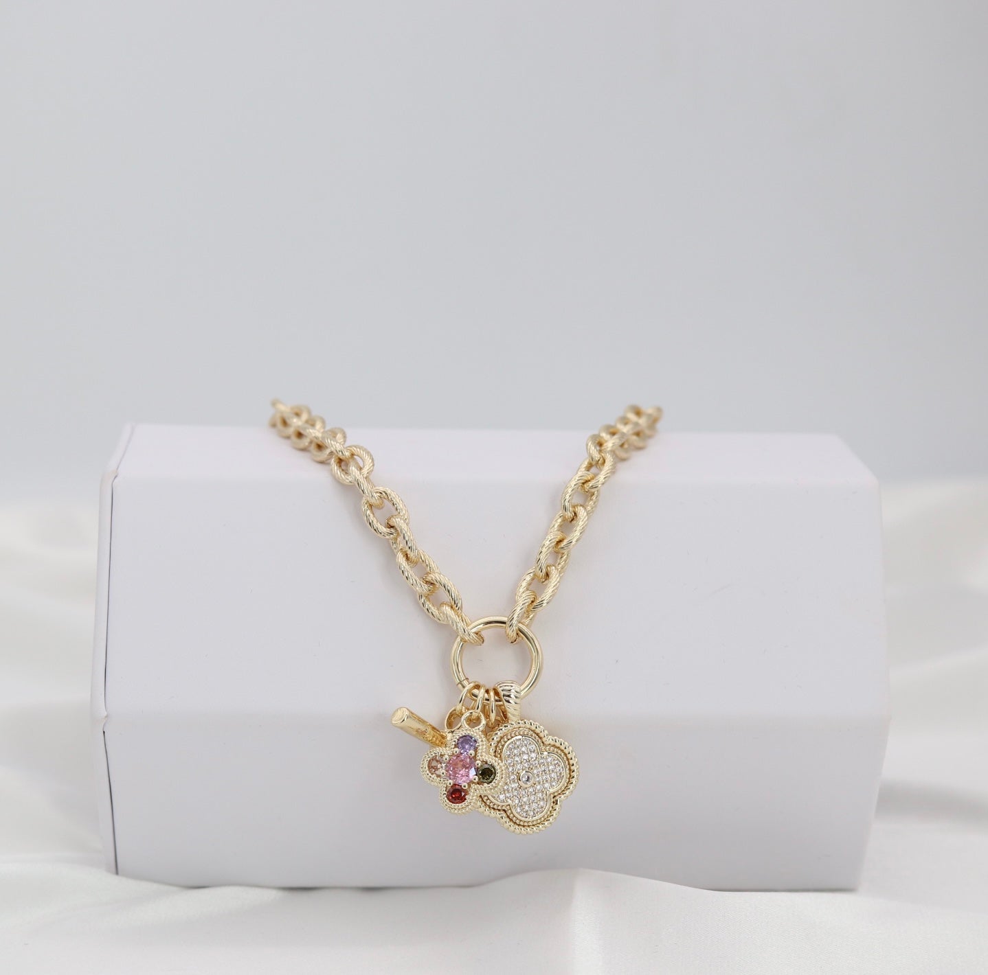 Gold Rope Chain Charm Necklace with Gold Accents & Multi-Charm Cluster