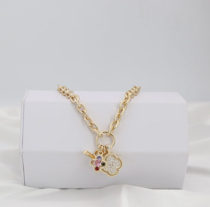 Gold Rope Chain Charm Necklace with Gold Accents & Multi-Charm Cluster