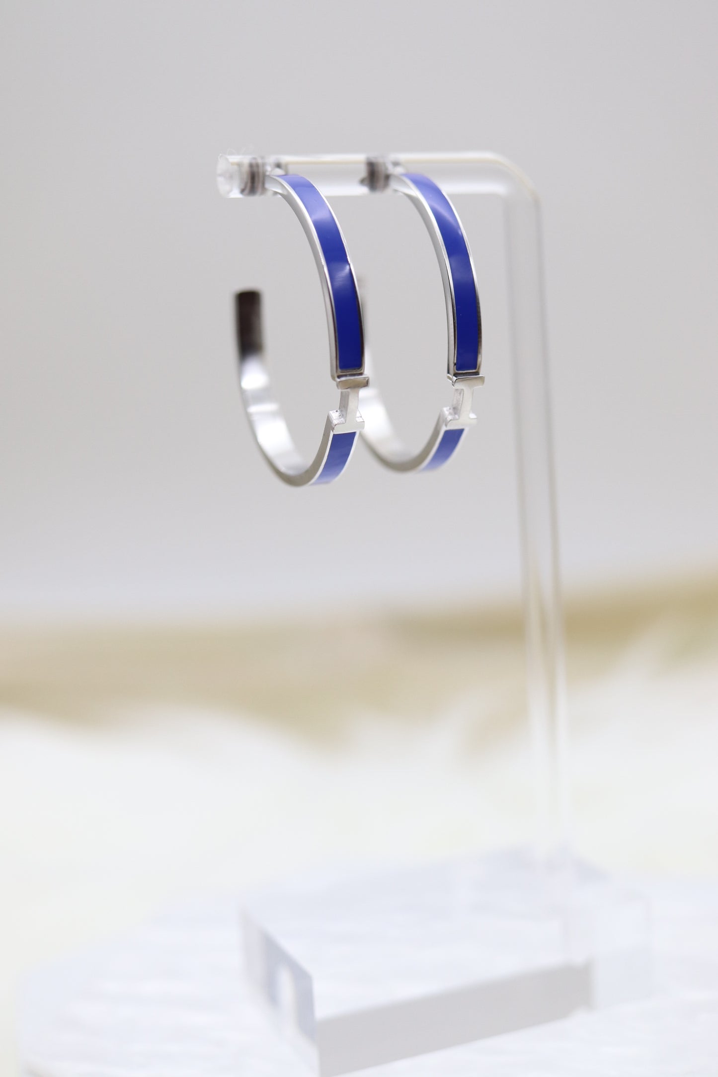 Navy Blue Luxury H Hoop Silver Earrings