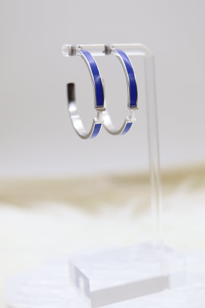 Navy Blue Luxury H Hoop Silver Earrings