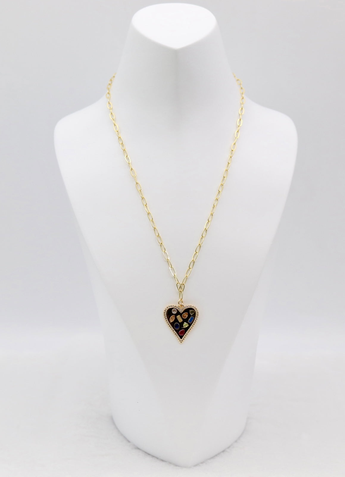 Gold Heart Pendant Necklace – Multi-Gemstone Mosaic Design