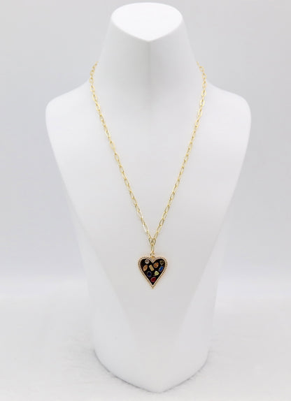 Gold Heart Pendant Necklace – Multi-Gemstone Mosaic Design