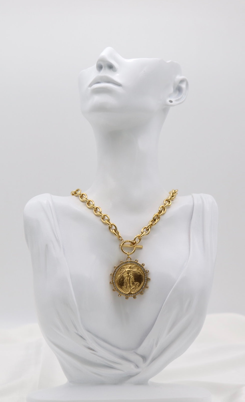 Gold-Tone Crystal Winged Goddess Medallion Necklace