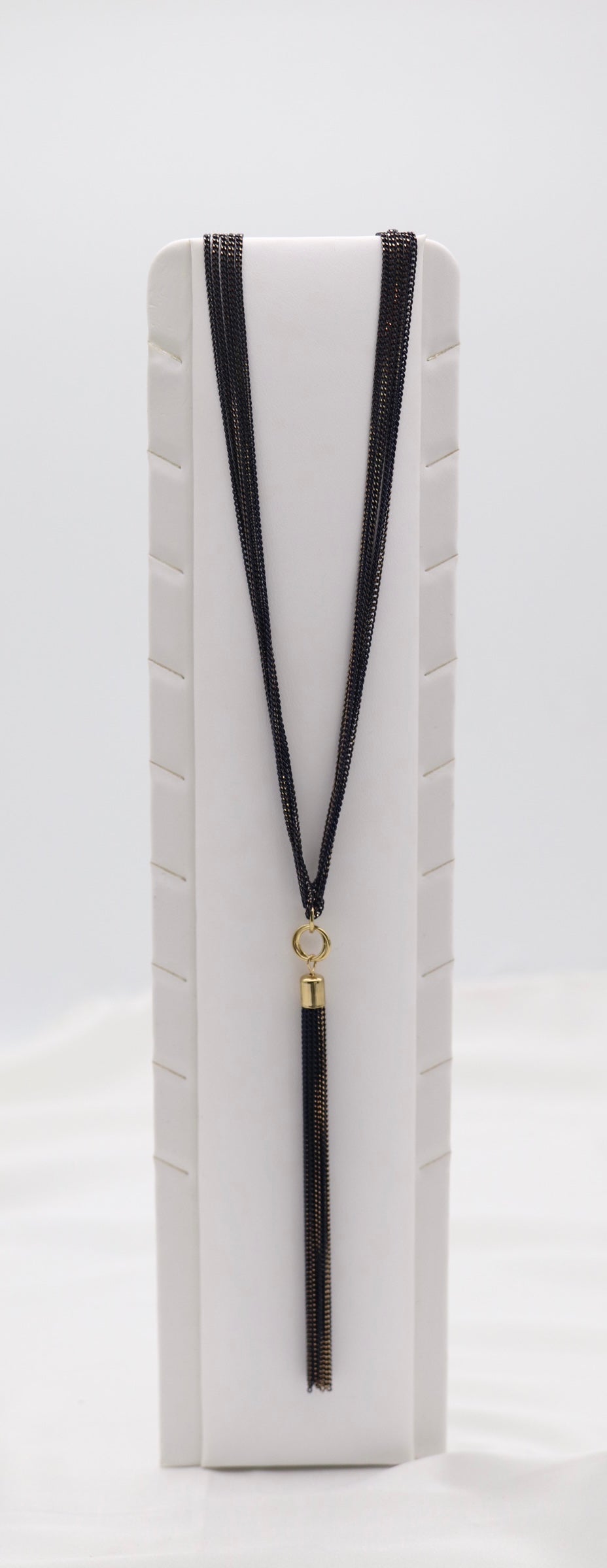 Black Multi-Strand Chain Tassel Necklace with Gold Accents