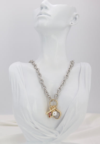Silver Rope Chain Charm Necklace with Gold Accents & Multi-Charm Cluster