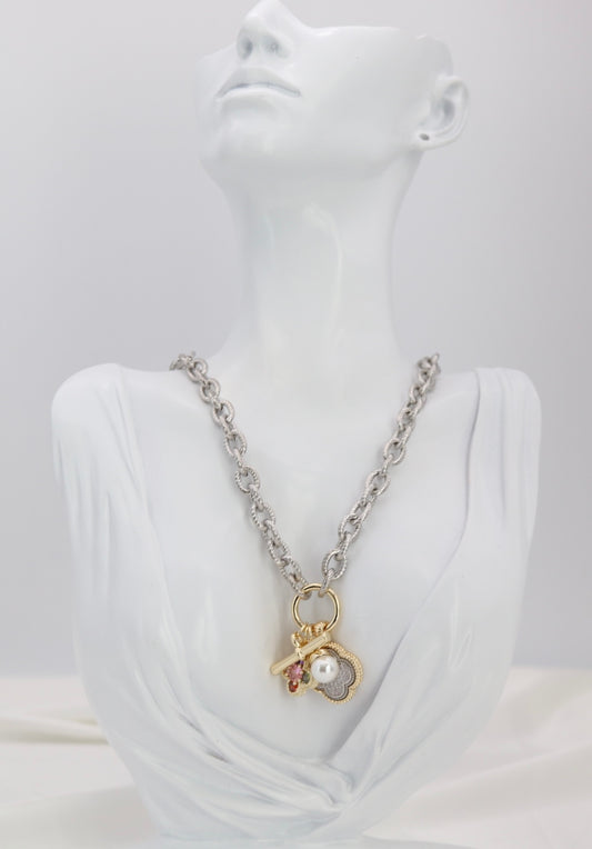 Silver Rope Chain Charm Necklace with Gold Accents & Multi-Charm Cluster