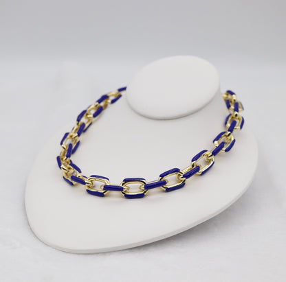 Bold Gold and Blue Link Chain Statement Necklace
