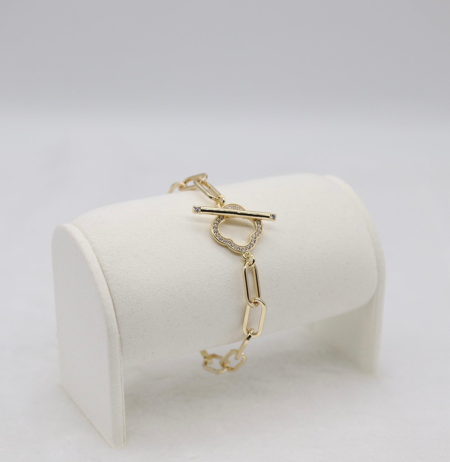Gold Paperclip Bracelet with CZ Clover Toggle