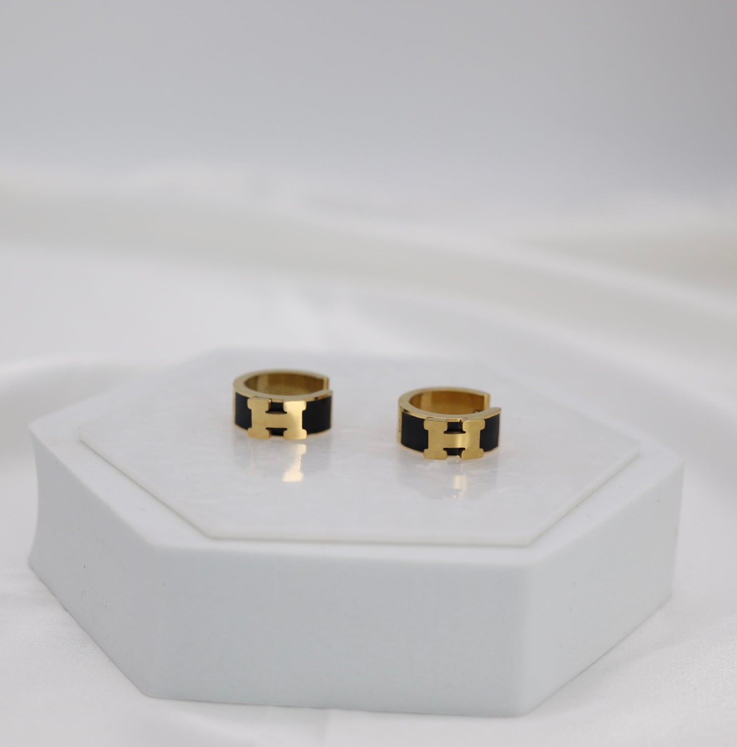 Black Enamel Gold Huggie Hoop Earrings – Sleek Modern Mini Hoops