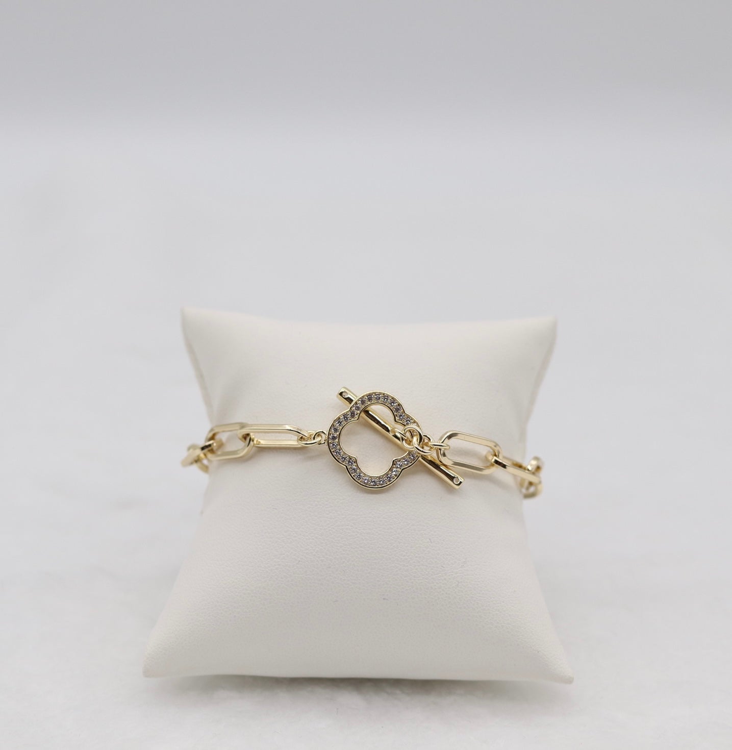 Gold Paperclip Bracelet with CZ Clover Toggle