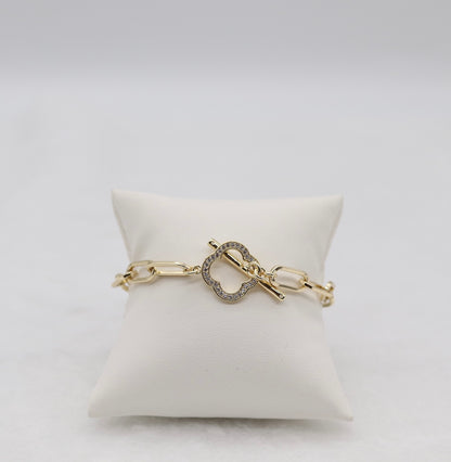 Gold Paperclip Bracelet with CZ Clover Toggle