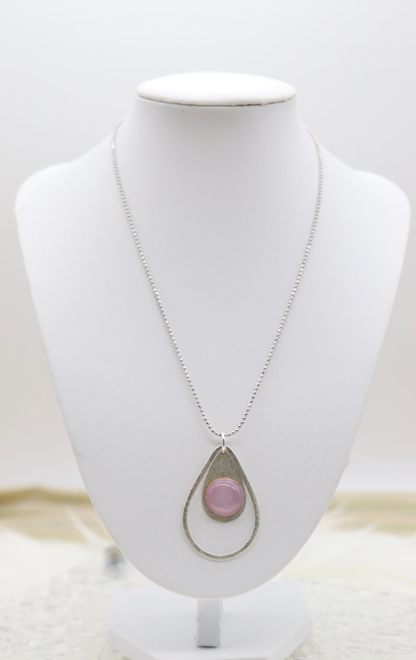 Silver Beaded Necklace With Violet Acrylic Teardrop Dangling Pendant