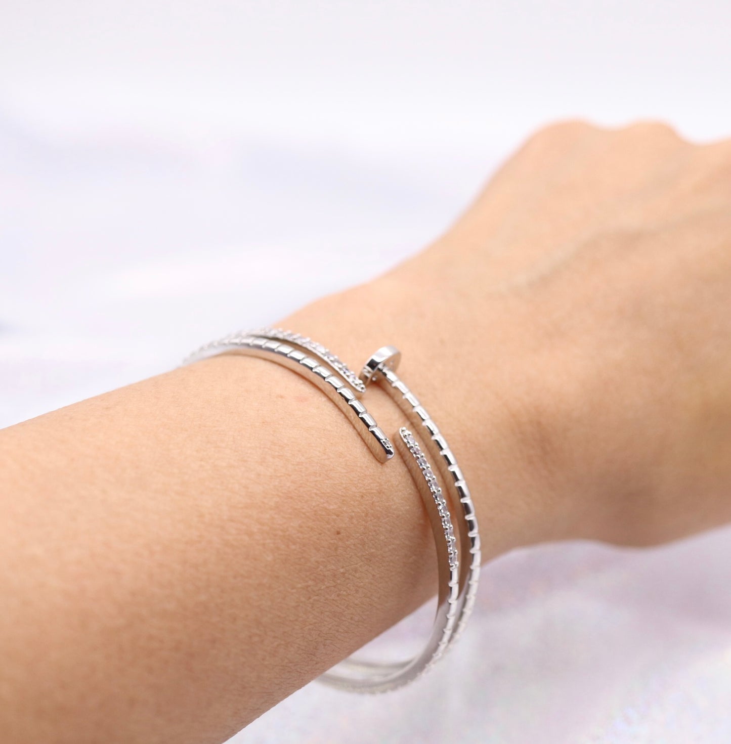 Nail CZ Cuff Silver Bracelet