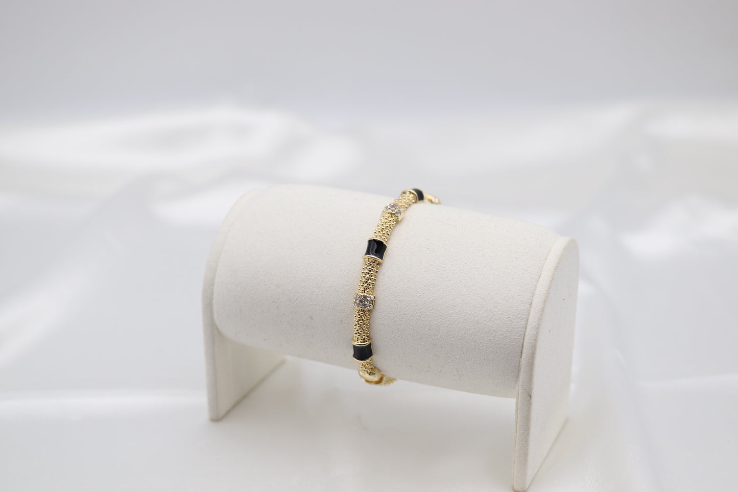 Black Enamel & Crystal Gold Beaded Bangle Bracelet | Elegant Stackable Bracelet for Women