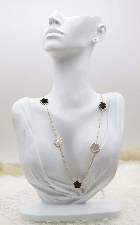 Mother of Pearl and Black Five Leaf Flower Petal Pendant Necklace