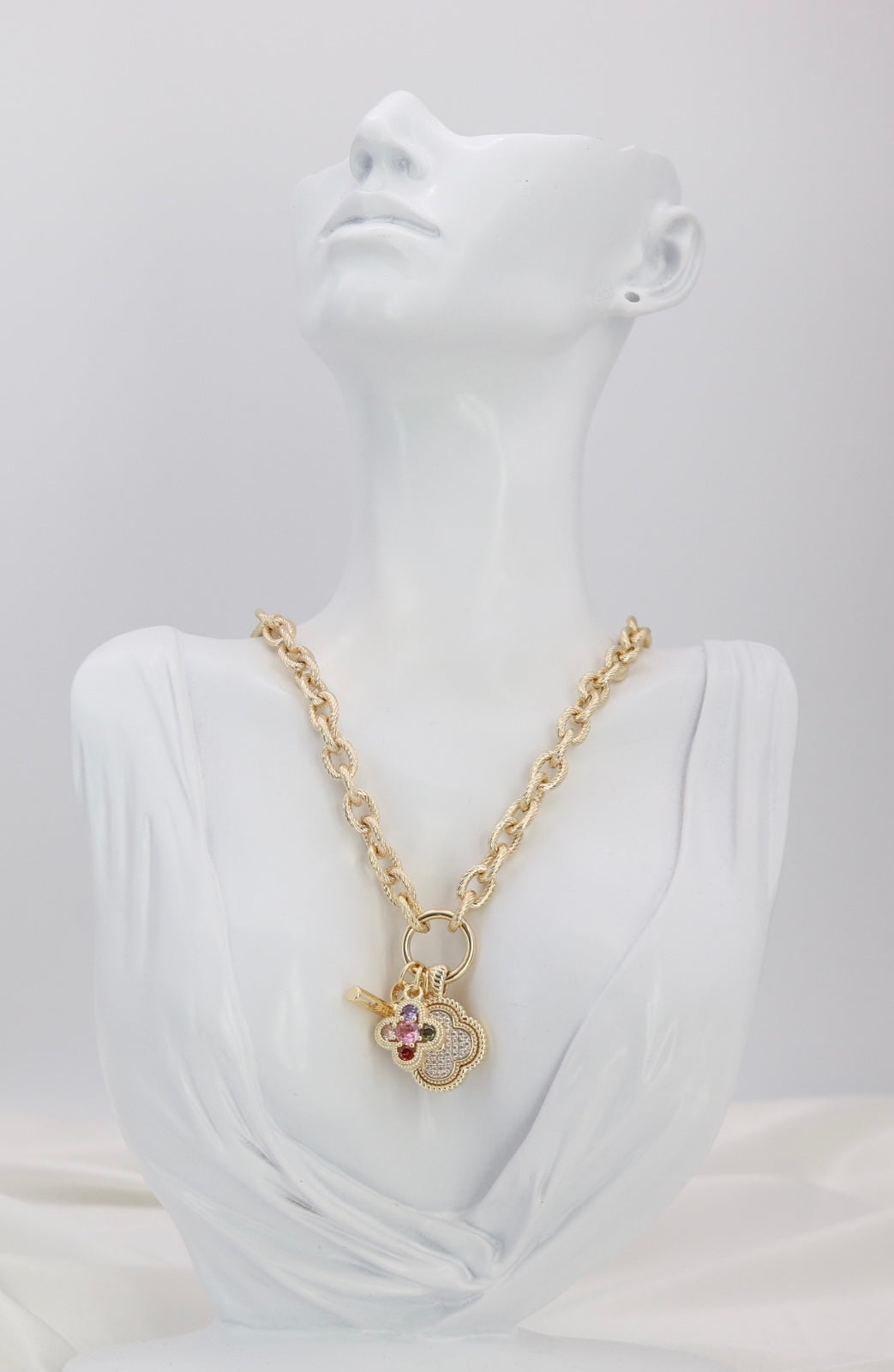 Gold Rope Chain Charm Necklace with Gold Accents & Multi-Charm Cluster