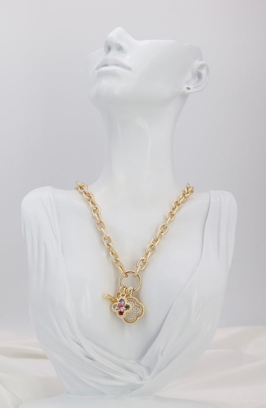 Gold Rope Chain Charm Necklace with Gold Accents & Multi-Charm Cluster