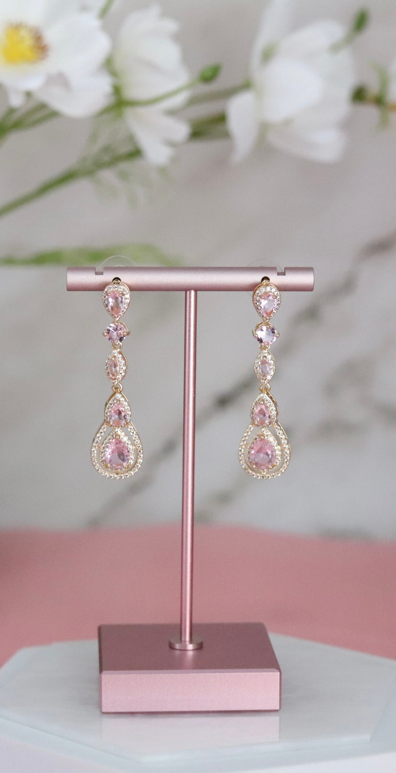 Pear Shaped Light Pink CZ Dangling Earrings