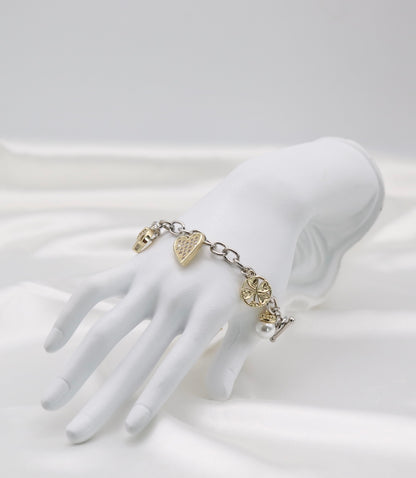 Two-Tone Crystal Charm Bracelet with Heart, Elephant & Pearl