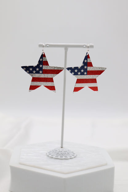 Silver Large Sparkle Flag Star Earring