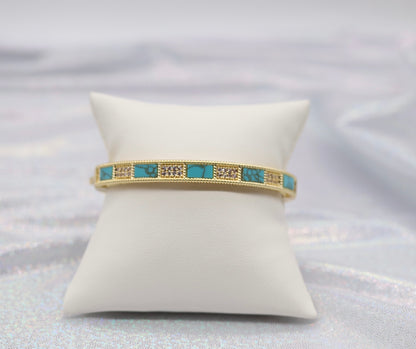 Gold Hinge Bangle Braclet With Turquoise And CZ Paved Stations