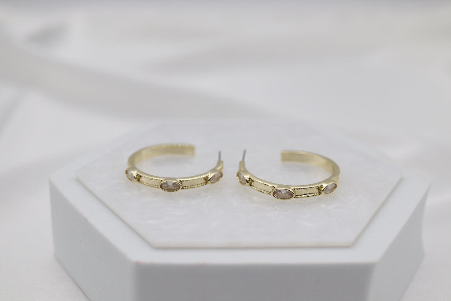 Gold Hoop Oval CZ Station Earrings