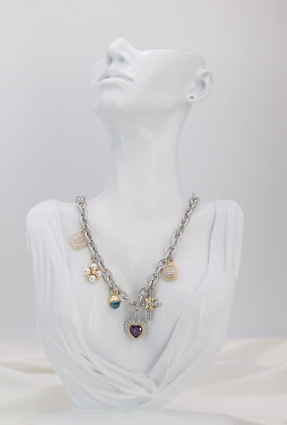Mixed Charm Silver Chain Necklace – Heart, Pearl & Crystal Charm Statement Necklace