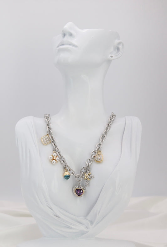 Mixed Charm Silver Chain Necklace – Heart, Pearl & Crystal Charm Statement Necklace