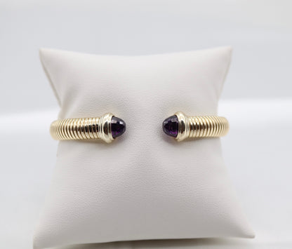 Gold Tubogas Cuff Bracelet With Violet Crystal Ends