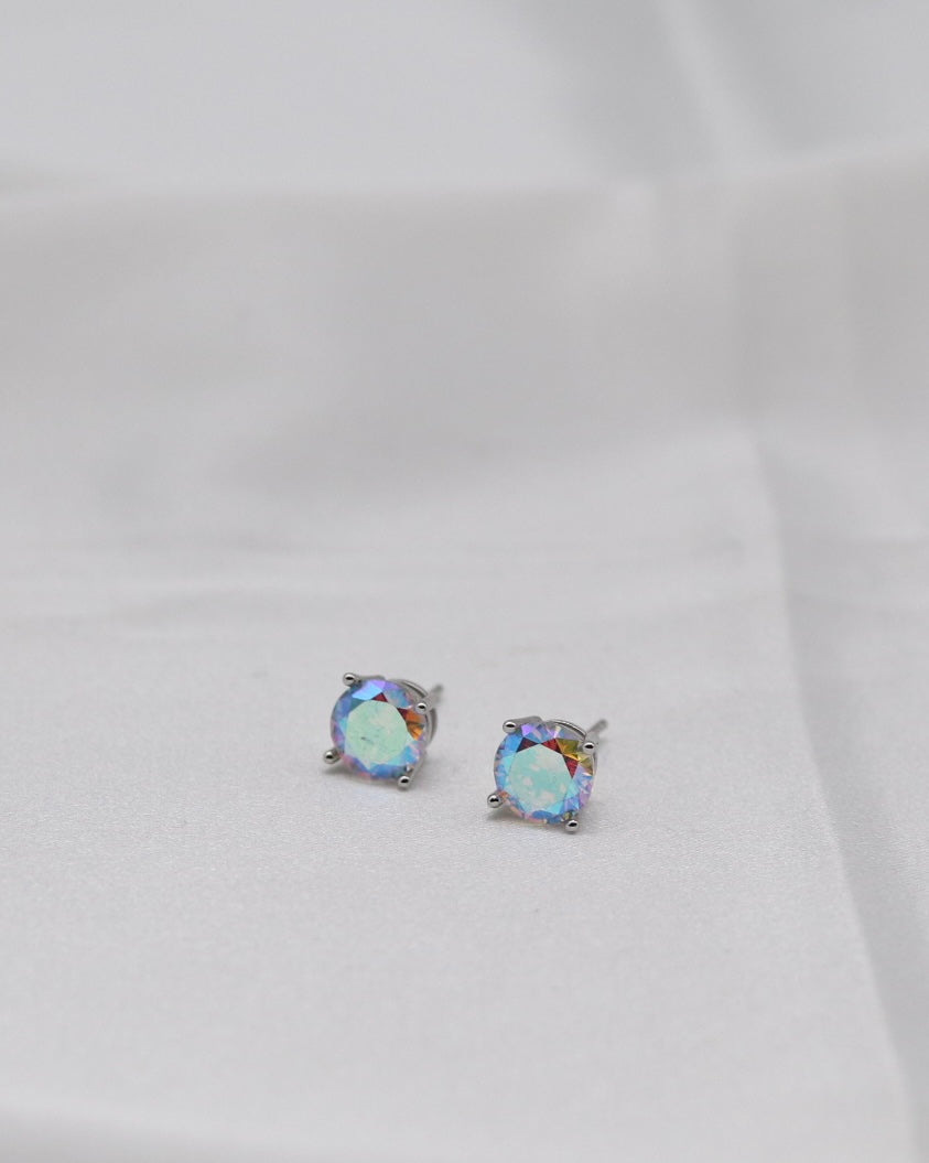 Aurora Rainbow Crystal Stud Earrings – Iridescent Round Solitaire Studs