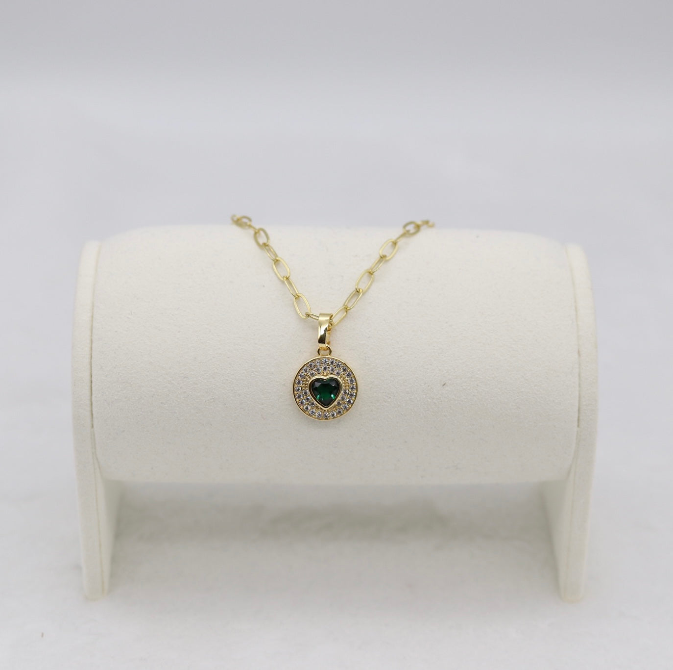 Gold Heart Pendant Necklace – Emerald Green Gemstone with Crystal Halo