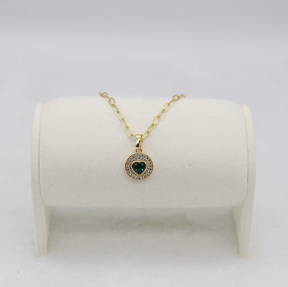 Gold Heart Pendant Necklace – Emerald Green Gemstone with Crystal Halo