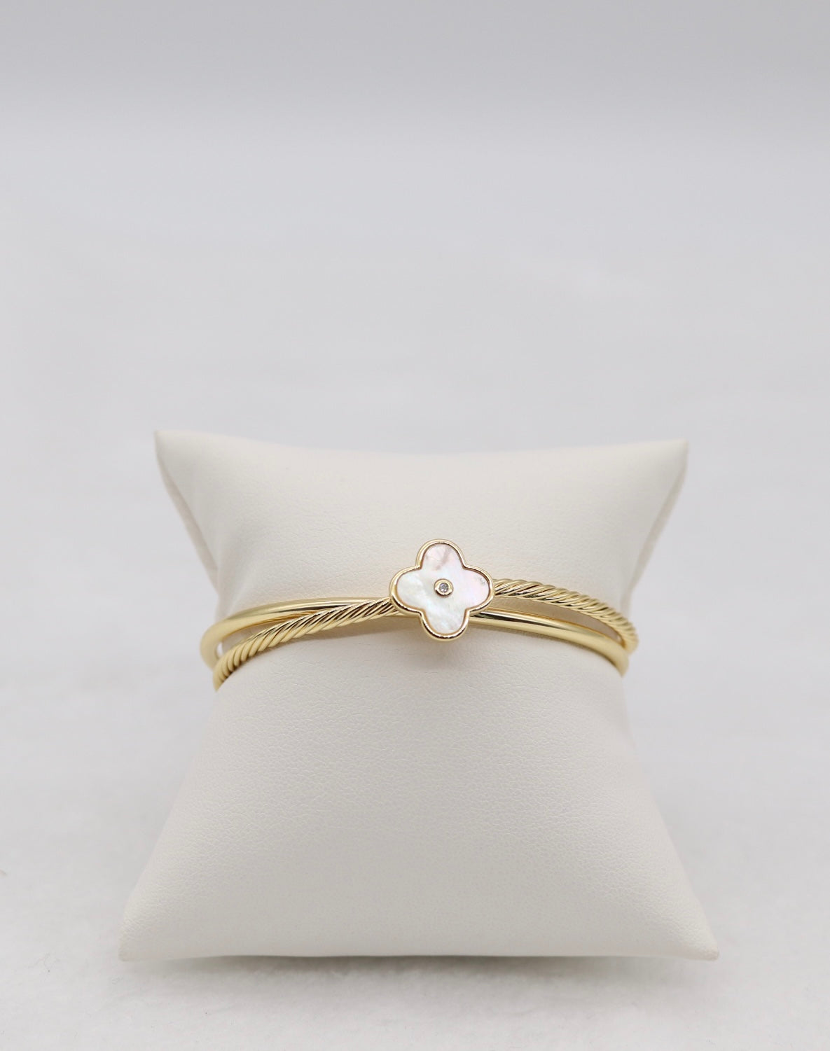 Gold Cable Cuff Bracelet with Mother-of-Pearl Clover