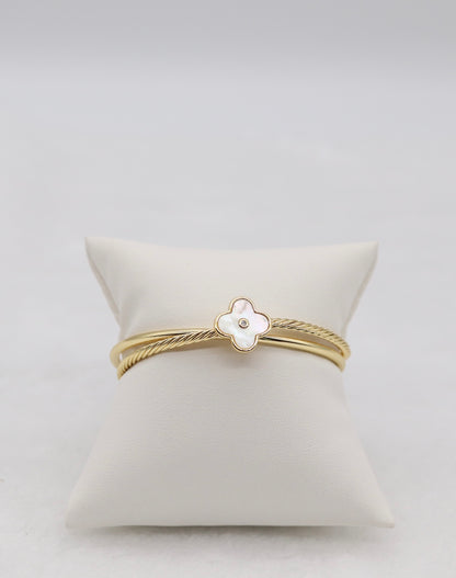 Gold Cable Cuff Bracelet with Mother-of-Pearl Clover